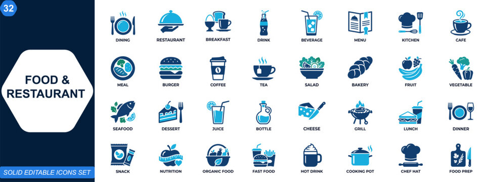 Food and restaurant icon set for breakfast, beverages, dining and kitchen menus. Meal, drink, cafe, culinary, bakery, burger, salad, coffee, tea. Editable icons collection. Vector.