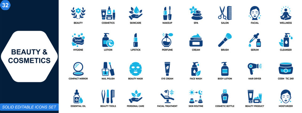 Beauty and cosmetics icon set for skincare and makeup applications. Cosmetics, skincare, makeup, spa, salon, wellness, facial treatment, personal care tools. Editable icons collection. Vector.