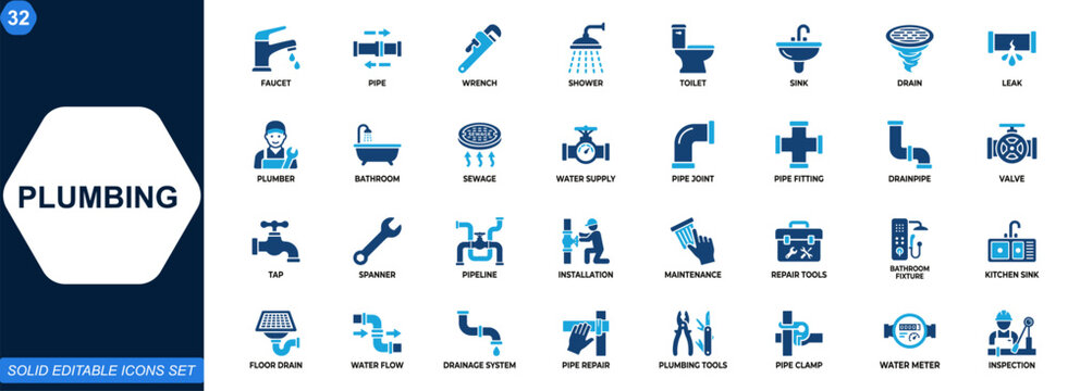 Plumbing icon set for bathroom and home repair services. Faucet, pipe, wrench, shower, toilet, sink, drain, leak repair, water supply, sanitary installation. Editable icons collection. Vector.