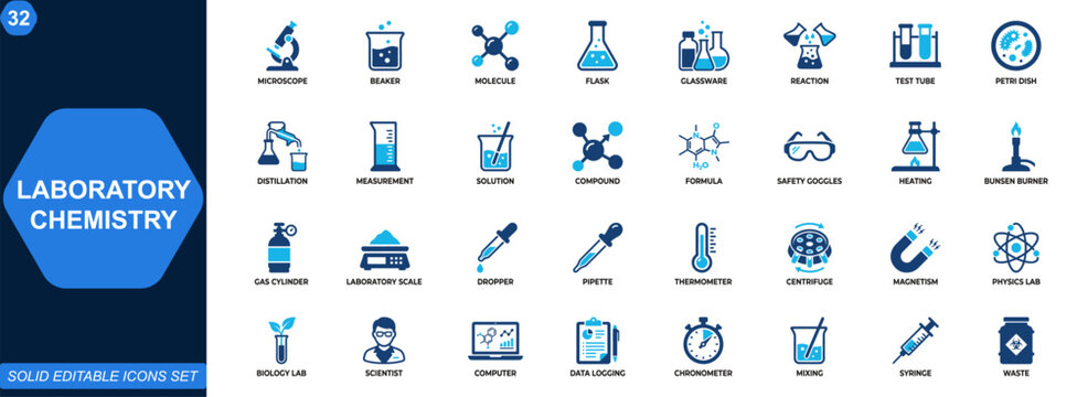Laboratory chemistry icon set. Science research, chemical analysis, lab equipment, experiment tools, microscope, beaker, molecule, scientific testing. Editable icons collection. Vector.