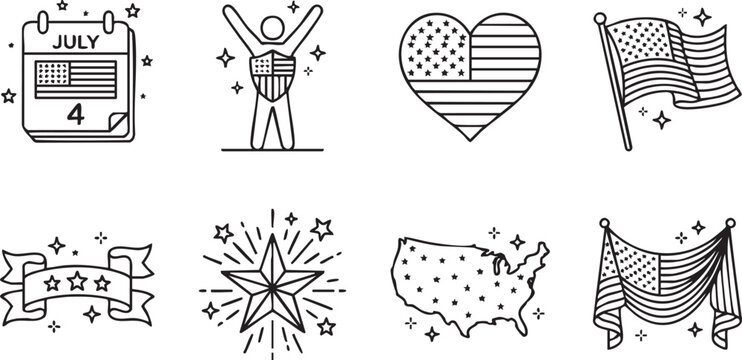 A collection of line art icons representing american independence day celebrations