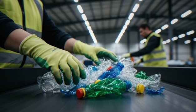 A worker in a recycling facility sorting crushed plastic bottles on a conveyor belt with another employee in the background.
