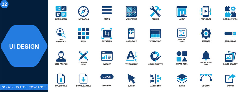 UI design icon set. Interface, app, web, dashboard, navigation, user experience, wireframe, toolkit, creative tools. Editable icons collection. Vector.