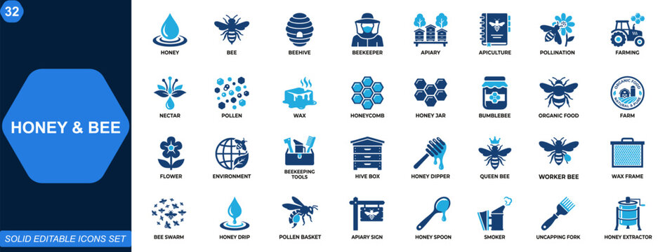 Honey and Bee icon set for beekeeping and agriculture. Honey, bee, beehive, beekeeper, apiary, apiculture, pollination, farming, organic food. Editable icons collection. Vector.