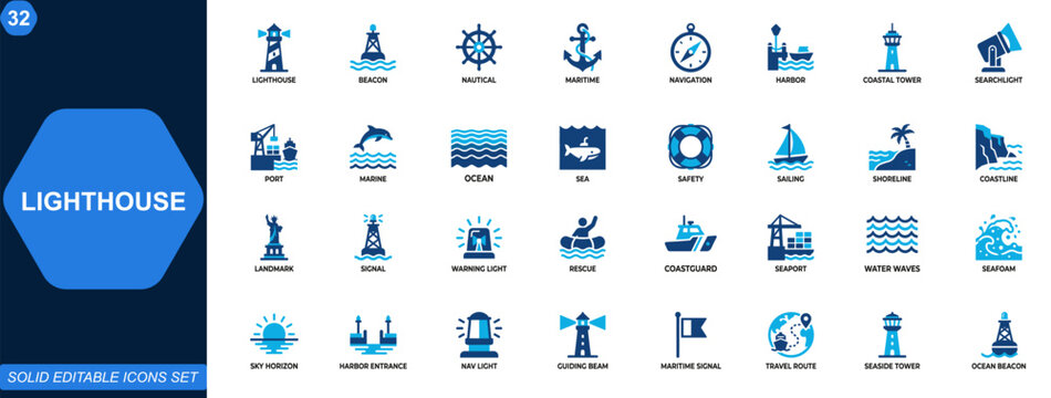 Lighthouse icon set. Lighthouse, nautical, beacon, maritime, navigation, harbor, coastal tower, searchlight, port safety. Editable icons collection. Vector.
