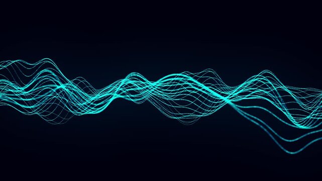 Animated glowing lines, gently curving through space, create the effect of fluid sound waves. The neon-blue glow emphasizes the dynamism and ease of movement, reminiscent of the visualization of sound