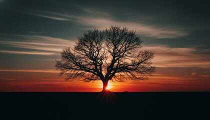 Obraz premium A silhouette of a lone, bare deciduous tree standing against a vibrant sunset in a vast, dark field.
