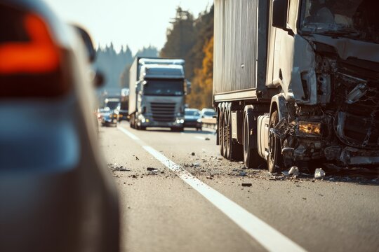 A truck is damaged on the highway causing a traffic jam. Vehicles are lined up, and drivers are likely waiting for the accident to clear. The scene shows a busy route in the early afternoon.