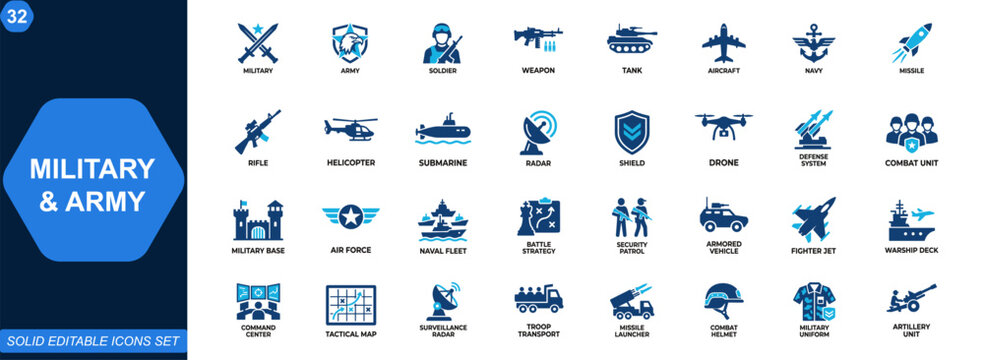Military and army icon set for defense and combat operations. Soldier, weapon, tank, aircraft, navy, security, tactics, battlefield, protection, equipment. Editable icons collection. Vector.