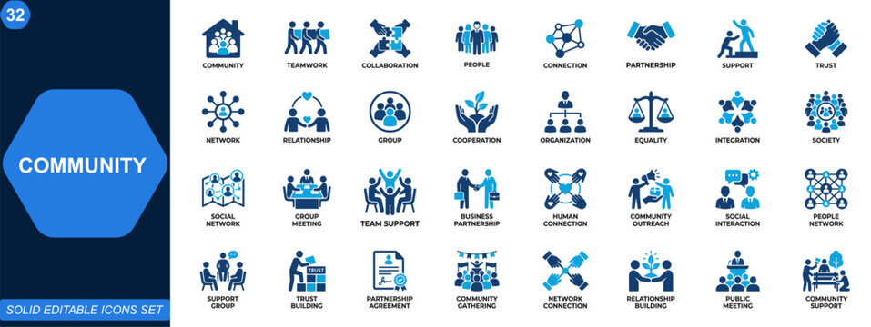 Community and social interaction icon set. Communication, teamwork, collaboration, people, connection, partnership, support, trust, network, organization. Editable icons collection. Vector.