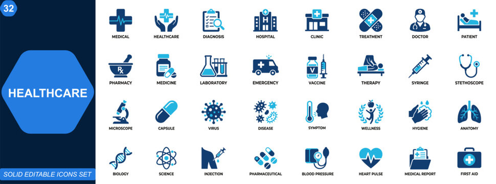 Healthcare and medical care icon set. Diagnosis, patient care, hospital, clinic, treatment, doctor, pharmacy, laboratory, emergency, vaccine. Editable icons collection. Vector.