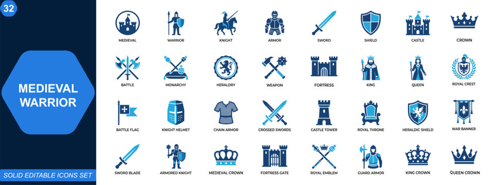 Medieval warrior and antique icon set with royal heritage elements. knight, armor, sword, shield, castle, crown, battle, monarchy, heraldry. Editable icons collection. Vector.