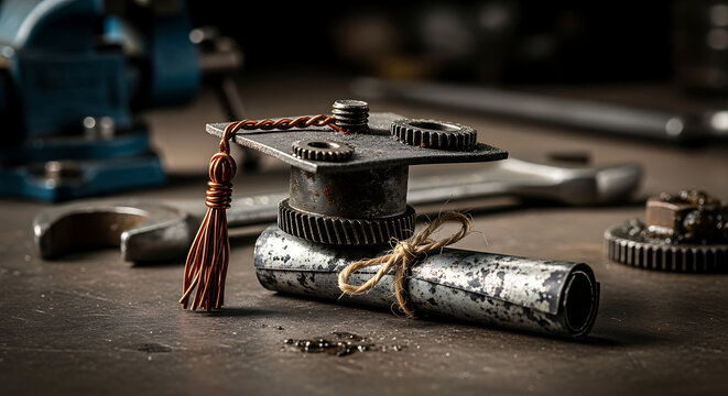 industrial graduation cap and diploma made of metal gears and bolts, concept for vocational education, trade school, engineering, mechanical studies, skilled trades