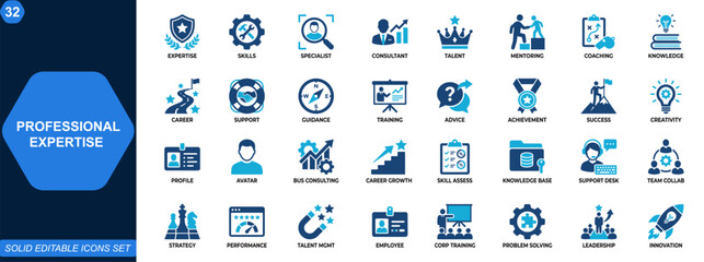 Professional expertise and specialist skills icon set. Consultant, talent, mentoring, coaching, career growth, knowledge, problem solving, support. Editable icons collection. Vector. © aura studio