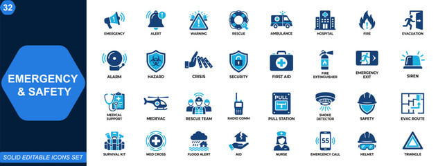 Emergency response and safety icon set. Emergency, alert, warning, rescue, ambulance, hospital, fire safety, evacuation, first aid, security, crisis. Editable icons collection. Vector. © aura studio