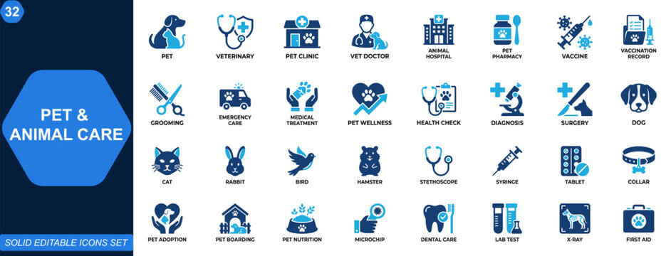 Pet and animal care icon set. Veterinary, pet clinic, pharmacy, vaccination, grooming, pet shop, emergency care, diagnosis, treatment, wellness services. Editable icons collection. Vector.