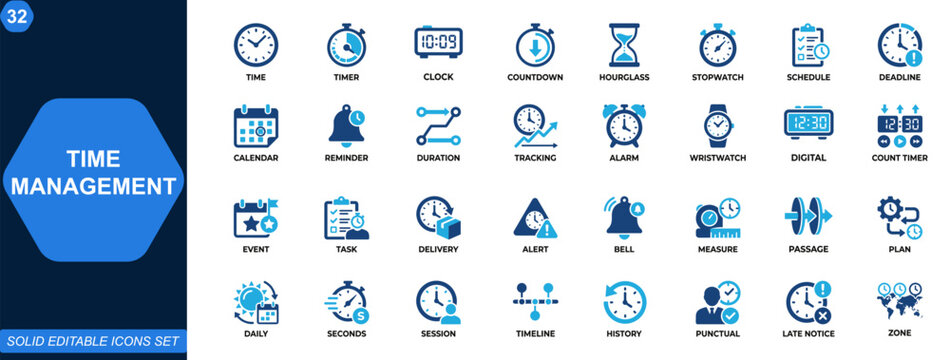 Time management and duration icon set. Timer, clock, countdown, hourglass, stopwatch, schedule, deadline, calendar, reminder, tracking. Editable icons collection. Vector.
