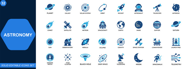 Astronomy and space exploration icon set. Universe, planets, solar system, galaxy, orbit, rocket, astronaut, telescope, celestial bodies. Editable icons collection. Vector. © aura studio
