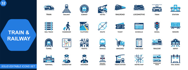 Train and railway transport icon set. Subway, railroad, metro, locomotive, station, rail track, tram, passenger, transit route, travel ticket. Editable icons collection. Vector. © aura studio