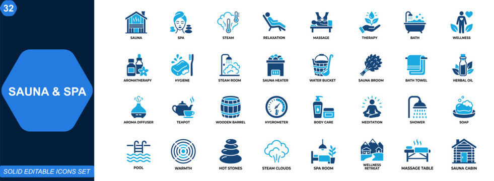 Sauna and spa icon set. Steam room, relaxation therapy, massage, bath essentials, wellness retreat, aromatherapy, hygiene care. Editable icons collection. Vector.