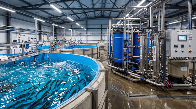 A large tank filled with fish sits inside a building. Pipes and pumps surround the tank and are used for managing water. The setting appears to be a facility focused on fish breeding or aquaculture