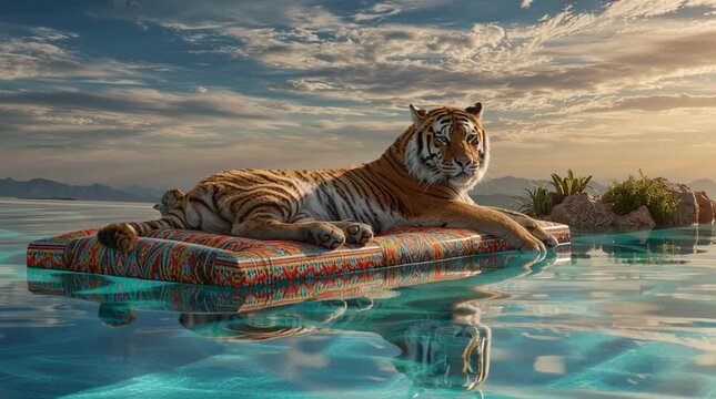 Tiger peacefully floating on a colorful inflatable raft in a luxury rooftop pool, with hyper-realistic water and reflections, cinematic, whimsical, and surreal high-end visual.