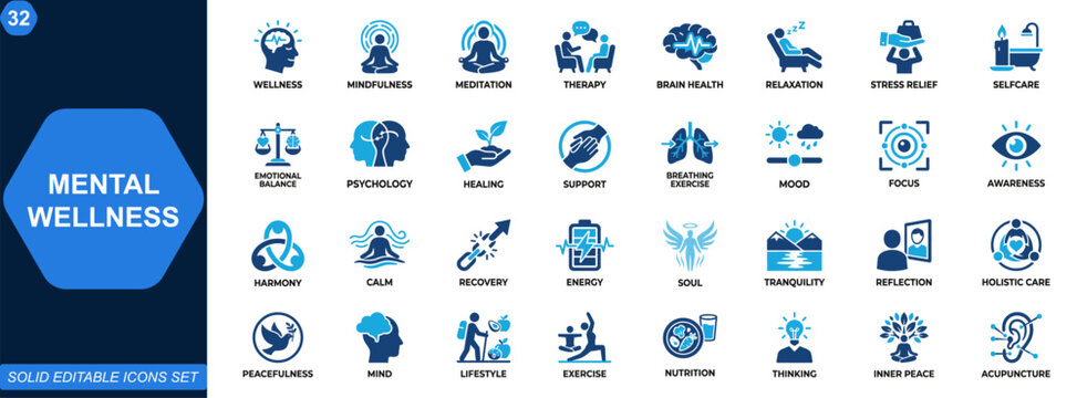 Mental wellness and mindfulness icon set. Meditation, therapy, brain health, relaxation, stress relief, self care, emotional balance, psychology, healing support. Editable icons collection. Vector.