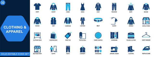 Clothing and apparel icons set for fashion wardrobe and retail collections. Clothes, garments, outfits, shirts, jackets, pants, dresses, coats, textile shop essentials. Editable icons collection.  © aura studio