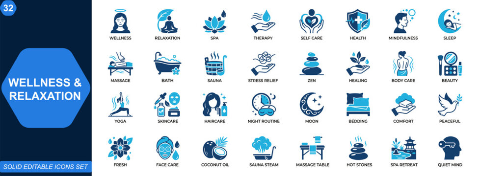 Wellness and relaxation icon set. Spa therapy, selfcare routine, stress relief, mindfulness, sleep ritual, massage therapy, bath sauna, zen lifestyle. Editable icons collection. Vector.