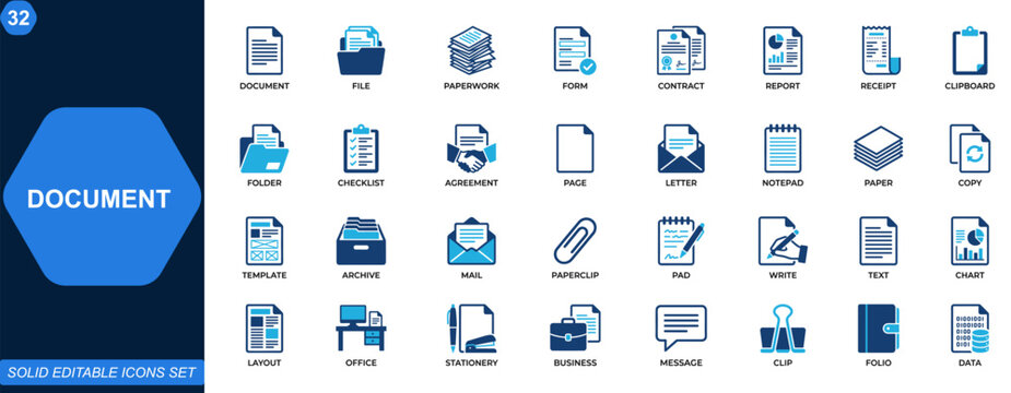 Document icon set. Files, paperwork, forms, contracts, reports, receipts, clipboard, folder, archive, checklist. Editable icons collection. Vector.