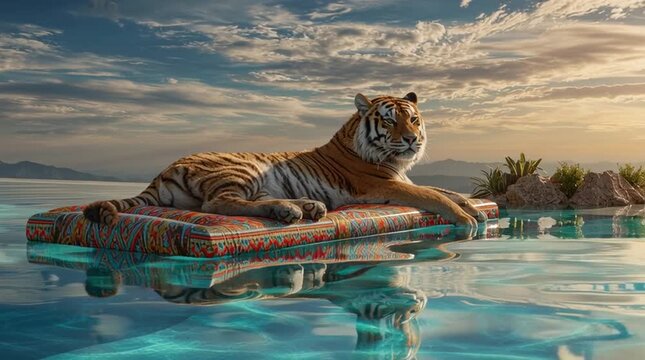 Tiger peacefully floating on a colorful inflatable raft in a luxury rooftop pool, with hyper-realistic water and reflections, cinematic, whimsical, and surreal high-end visual.