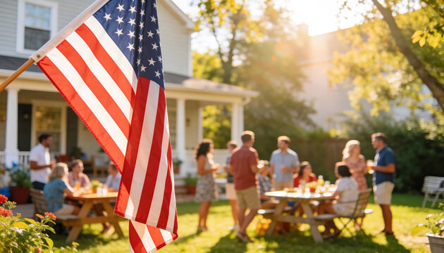 People are enjoying a backyard gathering during the daytime. They stand around tables with food and drinks while an American flag is waving nearby