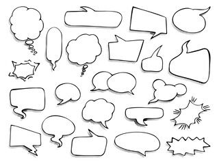 Fototapeta premium Hand drawn speech bubbles set with halftone shadows in comic style. Collection of sketch dialog clouds and chat balloons. Perfect for comics, messages, social media and design elements