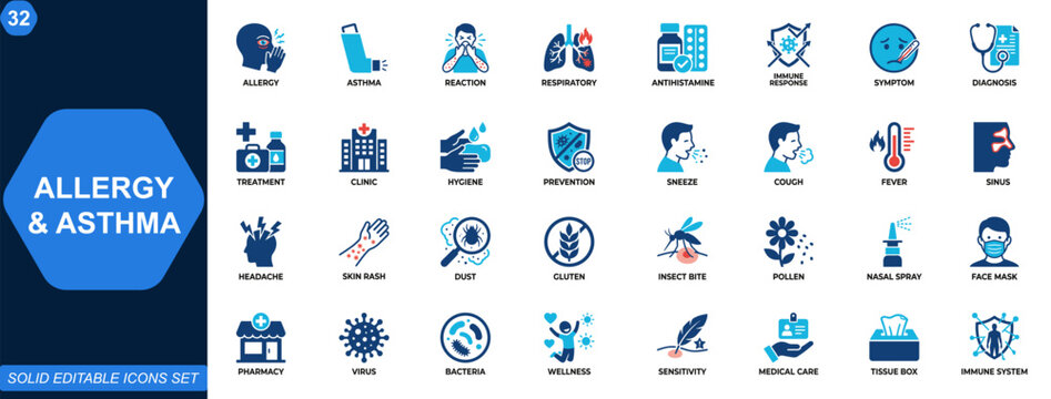 Allergy and Asthma Medical Icon Set. Allergic reaction, respiratory disease, antihistamine treatment, immune response, sinus symptoms, clinic care, prevention, diagnosis. Editable icons collection.