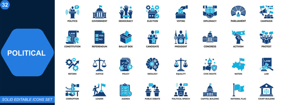 Political icon set. Government, democracy, election, voting, diplomacy, parliament, campaign, civic rights, constitution, referendum. Editable icons collection. Vector.