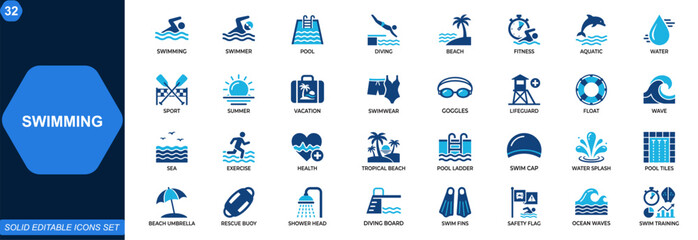 Obraz premium Swimming icon set. Swimmer, pool, diving, water sport, beach, fitness, aquatic, summer vacation, safety gear, swimwear. Editable icons collection. Vector.