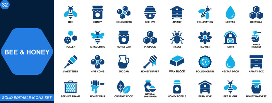 Bee and honey icon set. Honeycomb, beehive, apiary, pollination, nectar, beeswax, organic sweetener, jar, pollen, apiculture. Editable icons collection. Vector.