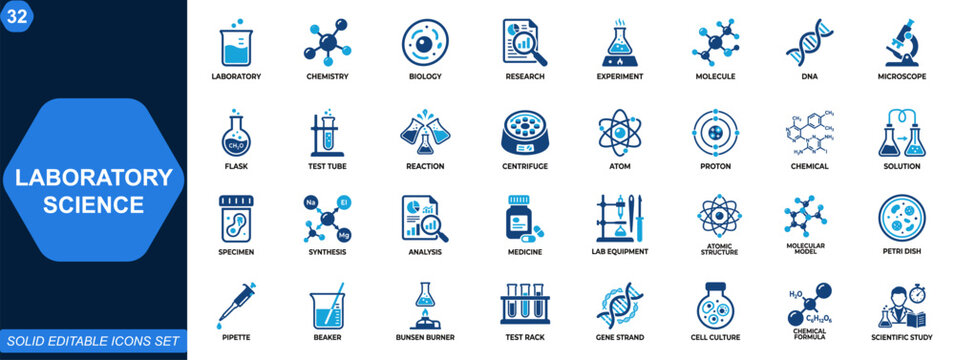 Laboratory science icon set. Chemistry, biology, research, experiment, lab equipment, molecule structure, DNA analysis, atomic reaction, medical innovation. Editable icons collection. Vector.