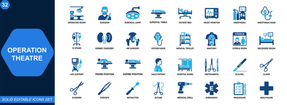 Operation theatre medical icon set. Surgery, operating room, surgical instruments, patient care, hospital equipment, anesthesia, emergency procedure, healthcare clinic. Editable icons collection. 