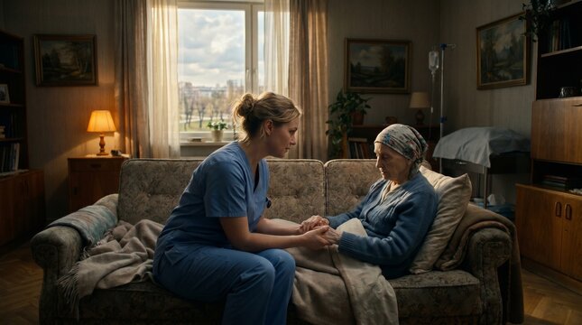 Home health aide sits with a frail patient on a sofa to provide empathetic companionship and medical assistance in a warm, domestic living space.