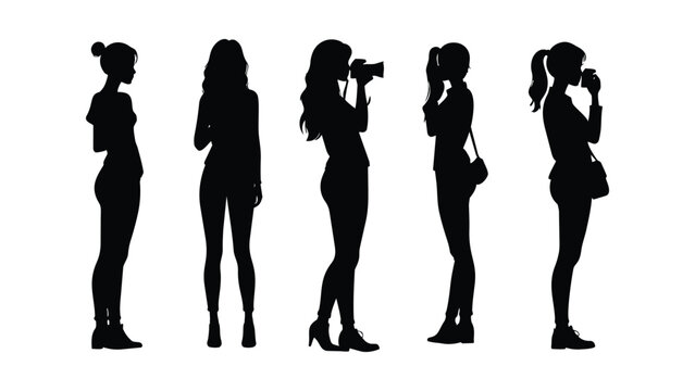 Vector illustration of women and girls silhouettes in fashion and dancing poses group style composition