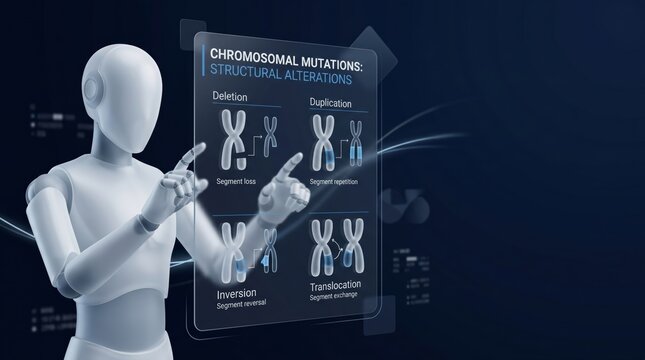 Robot presenting chromosomal mutations structural alterations on digital screen 3d render