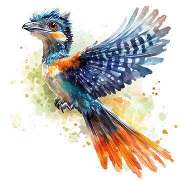Microraptor, playful watercolor vector painting with subtle shadowing and soft gradients, isolated on a white background.