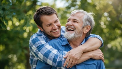Fototapeta premium Happy mother and son hugging outdoors in blue shirts