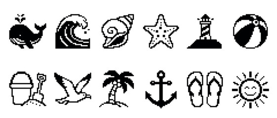 Fototapeta premium Set of twelve black pixel art icons representing summer, beach, and nautical themes in a retro 8-bit style, including a whale, sun, anchor, and palm tree