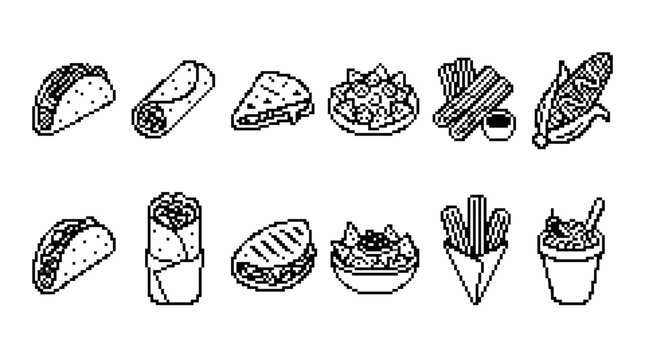 Set of pixel art food icons featuring traditional Mexican cuisine like tacos, burritos, and nachos in a minimalist black and white isometric line art style for a retro video game menu