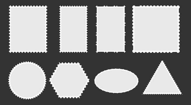 Collection of blank postage stamps in various shapes and sizes.