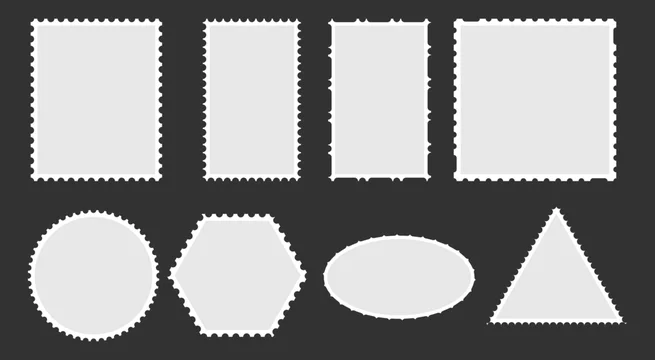 Collection of blank postage stamps in various shapes and sizes.