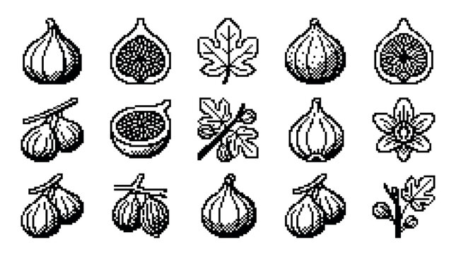 Pixelated fig fruit and leaf icon set in a monochrome 8-bit style, a retro collection of dithered illustrations showing whole, half, and branch botanical elements