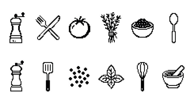 Set of pixel art cooking icons featuring kitchen utensils, herbs, and spices in a minimalist black and white retro 8-bit video game style graphic illustration